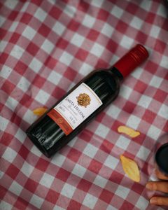Bottle of red wine laying on a checkered picnic blanket with snacks.
